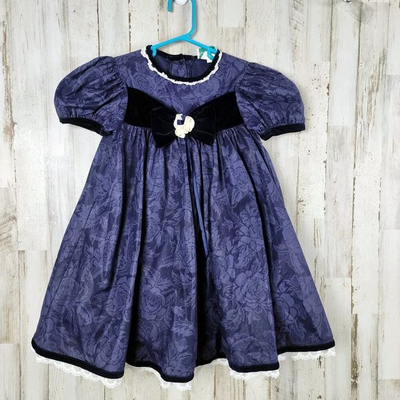 Rare Editions Rose Print Dress Blue Size 4 - Picture 1 of 9